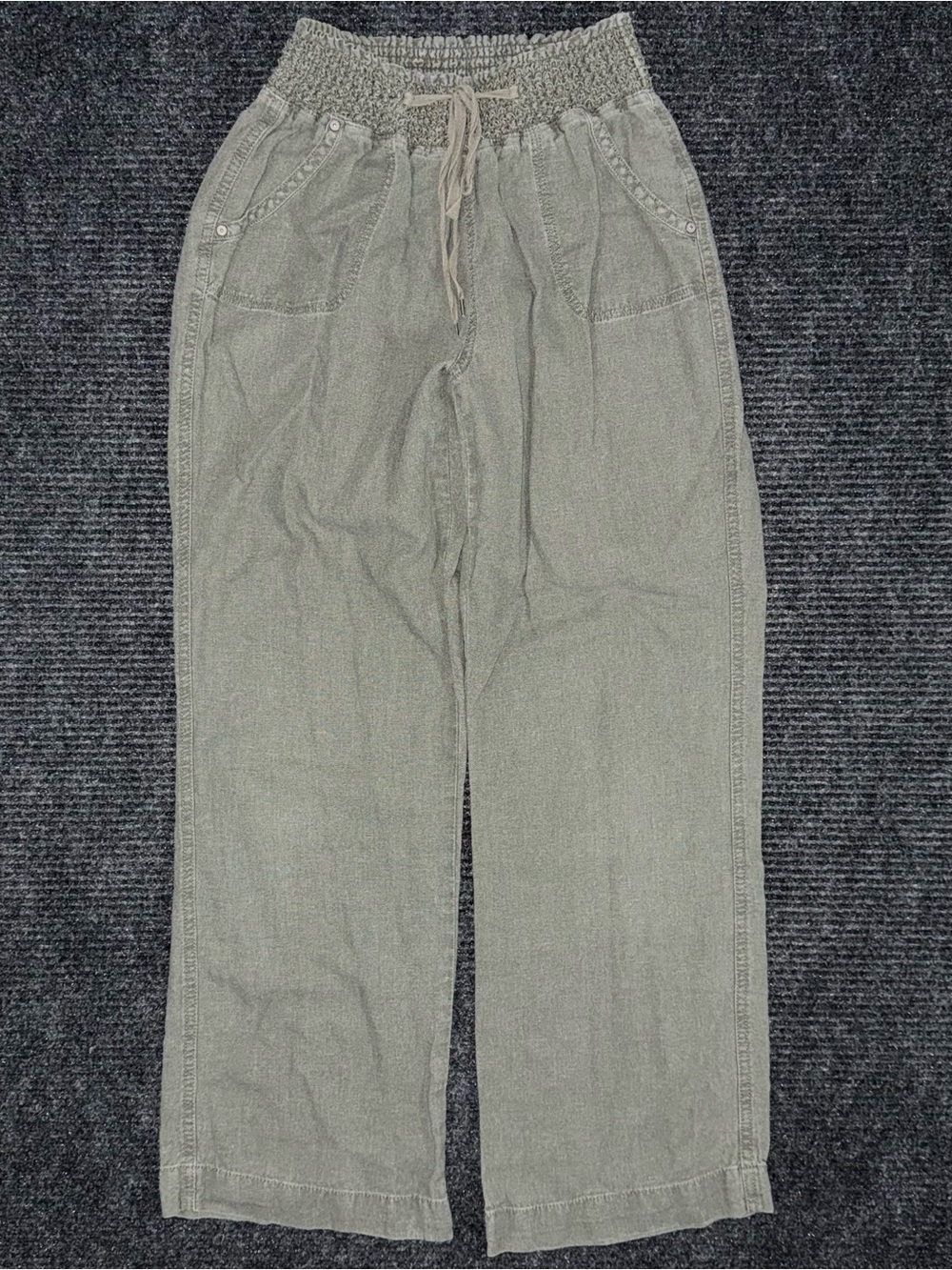 Ci Sono Linen Blend Drawstring Waist Wide Leg Pants Olive Green Boho Coastal S